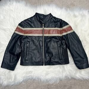 WILSONS LEATHER Black Leather Biker Jacket Kids Size XS Moto Striped Motorcycle
